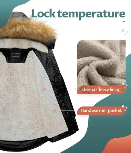Vista 3 de CREATMO US Chaqueta de esquí acolchada con cuello recortado de sherpa para niña
