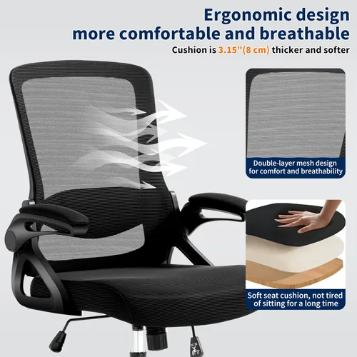 Vista 7 de Silla de Oficina Ergonómica, Silla de Escritorio con Soporte Lumbar Ajustable, Sillas de Computadora Cómodas de Malla Transpirable con Reposabrazos