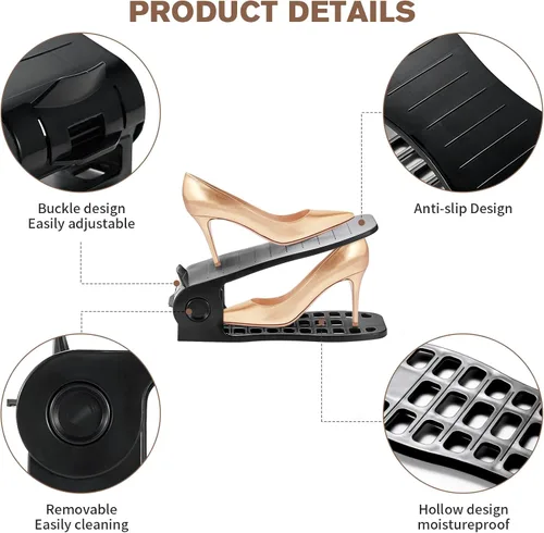 Vista 3 de Organizador de ranuras para zapatos, apiladores de zapatos ajustables, soporte para zapatos de doble piso, zapatero de almacenamiento, ahorro