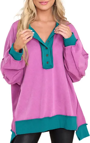 Vista 79 de AlvaQ - Sudadera de gran tamaño para mujer, informal, de manga larga, con botones y cuello Henley, tipo túnica