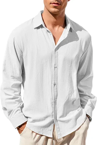 Vista 10 de Camisa de algodón y lino para hombre, con botones, color sólido, para verano, casual, playa, hawaiana