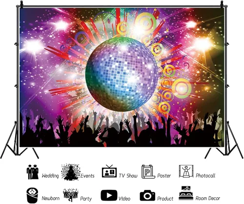 Vista 3 de AOFOTO Telones de fondo de bola de discotecas de 5 x 3 pies para fotografía, luces de neón brillantes, música, club, baile, DJ, tema de sesión