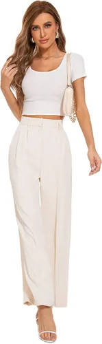Vista 2 de FUNYYZO Pantalones de pierna ancha para mujer, cintura alta elástica en la espalda, pantalones de trabajo de negocios, pantalones largos y rectos