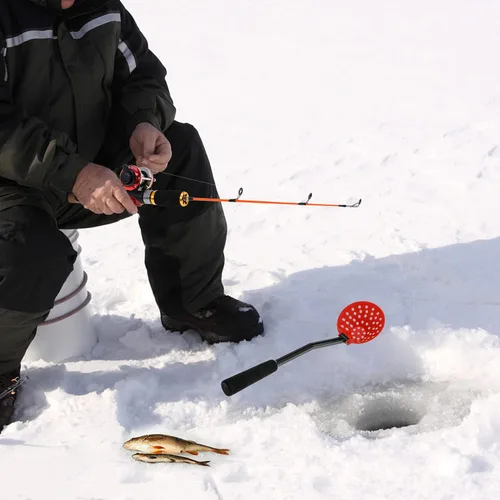Vista 6 de Combos de carrete de caña de pescar en hielo, caña de pescar de hielo de 19.7 pulgadas con carrete de pesca, desnatador, señuelos de ganchos y bolsa