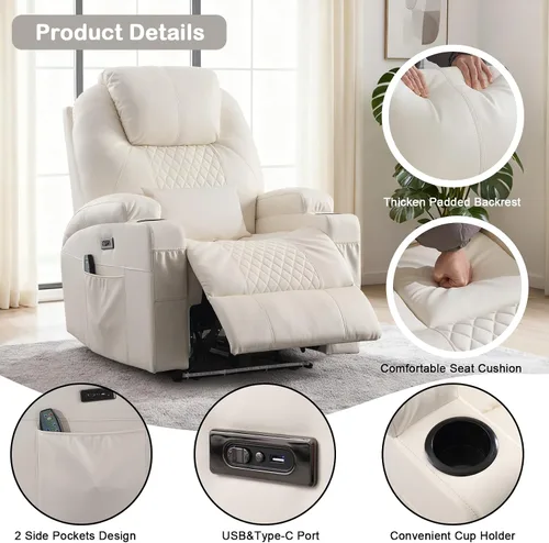 Vista 5 de Silla reclinable eléctrica con calor y masaje para adultos, asiento reclinable eléctrico de cine en casa con luces LED, portavasos, bolsillo