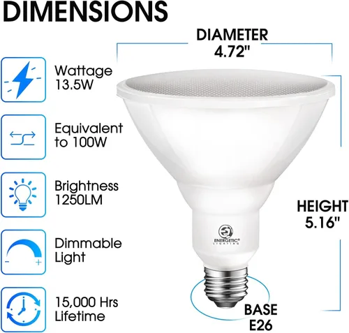 Vista 2 de Energetic Luz de inundación LED Par38 de 100W para exteriores, 1250lm, blanco cálido 3000K, regulable, base E26, bombilla spot impermeable, listado