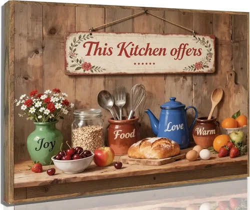 Vista 10 de Arte de pared de cocina campestre, naturaleza muerta en lienzo, estilo rústico vintage, granja. Esta cocina ofrece amor y alegría por la comida.