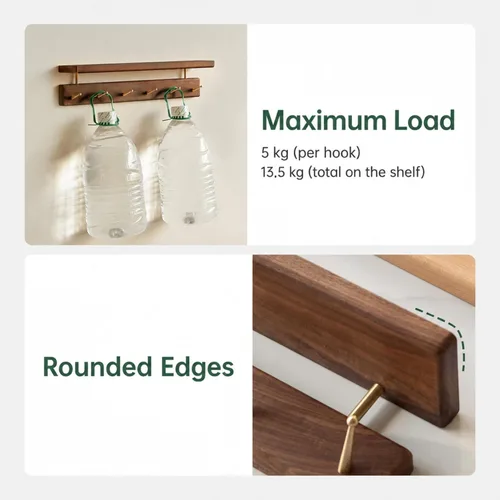 Vista 3 de Solid Wood Wall Hooks with Shelf, Coat Rack Wall Mount, Entryway Hanging Shelf with 6 Brass Hooks for Hats, Clothes, Towels, Bags, Beech Wood