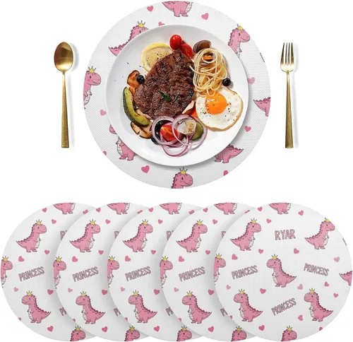 Vista 3 de Cute Pink Cartoon Dinosaurs Dinner Table Placemats, Heat Resistant Non Slip PVC Placemats Round for Kitchen one sizex4