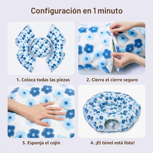 Vista 7 de Meowfia Túnel interior para gatos con cama de rosquilla, gran espacio de juego flexible para múltiples mascotas, forma de círculo o serpiente azul