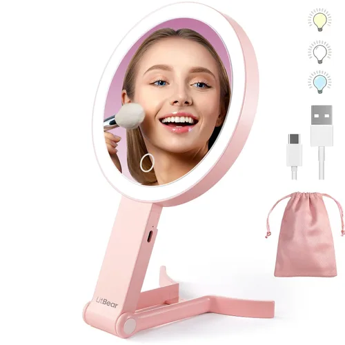 Vista 12 de LitBear Espejo de maquillaje de viaje con luz, espejo de aumento recargable de doble cara 10X/1X, espejo de belleza iluminado portátil, iluminación