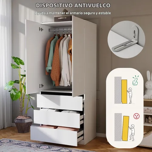 Vista 6 de Armario Ropero Closet con Cajones: Armario Grande Blanco de 75" con 2 Puertas para Colgar Ropa, Armarios de Madera Modernos para Dormitorio con 2