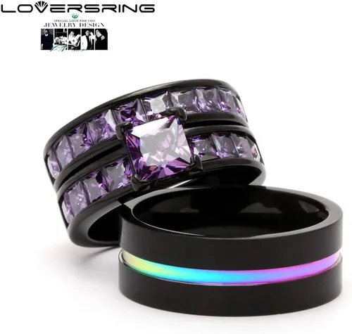 Vista 2 de LOVERSRING Juego de anillos de novia para mujer, chapado en oro negro con circonita cúbica para hombre, carburo de tungsteno, anillo de boda