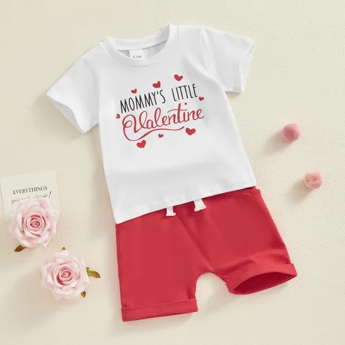 Vista 2 de Conjunto de camiseta de manga corta para el día de San Valentín para bebé, niña, niño, camiseta de manga corta, pantalones cortos con cintura