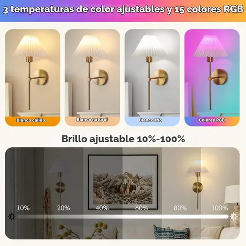 Vista 3 de Juego de 2 apliques de pared inalámbricos, pantallas plisadas recargables que funcionan con batería, luces de pared retro industriales doradas