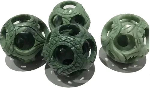 Vista 5 de Bolas de Baoding talladas en piedra de jade verde natural de 2 pulgadas, 2 unidades de bolas de estrés chinas para terapia de manos, bolas de masaje