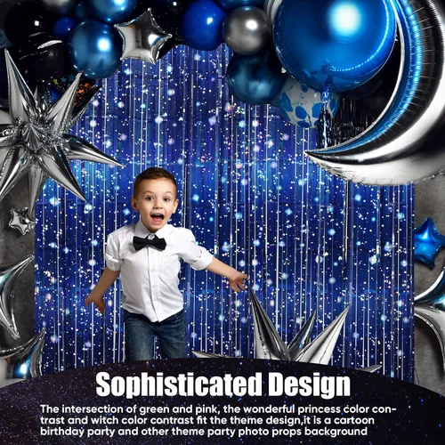 Vista 2 de Tingjoo Paquete de 2 cortinas de papel de aluminio de galaxia para decoraciones de fiestas temáticas espaciales, cortinas de oropel iridiscente azul