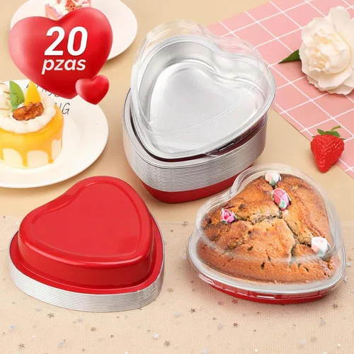 Vista 7 de Moldes grandes en forma de corazón para hornear, 20 juegos de recipientes desechables de papel de aluminio de 9 onzas con tapas, molde
