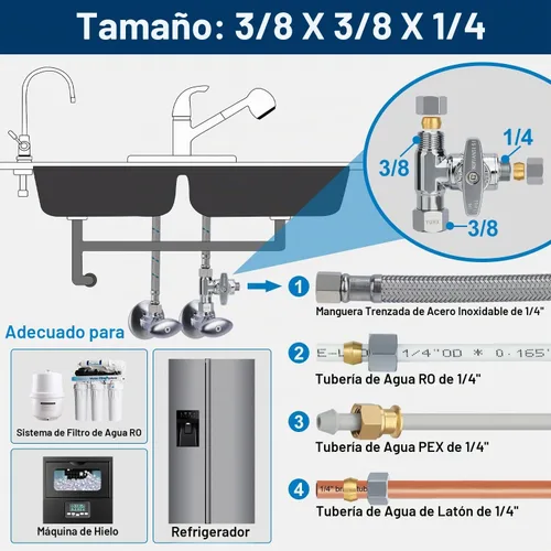 Vista 6 de Válvula Add-A-Tee de parada angular de latón, válvula de T de compresión de 3/8 x 3/8 x 1/4, Adaptador de agua de alimentación para refrigeradores