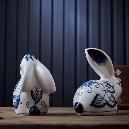 Vista 5 de Estatua de conejo de cerámica de Pascua, estatua de conejo, esculturas de animales azules y blancos, decoración del hogar, adornos chinos