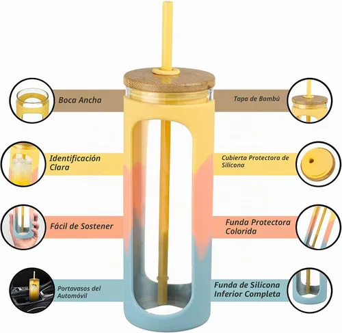 Vista 3 de Kodrine - Botella con popote para beber, capacidad de 20 onzas fluidas, con tapa de bambú, para café helado, reutilizable, boca ancha, para batidos