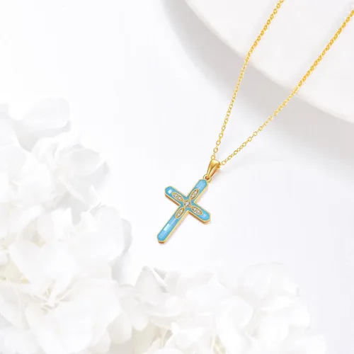 Vista 2 de Collar con dije de cruz de oro real de 14 quilates, infinito, alas de ángelcuerno, delicado colgante para mujeres, mamá, amante, boda, día de San