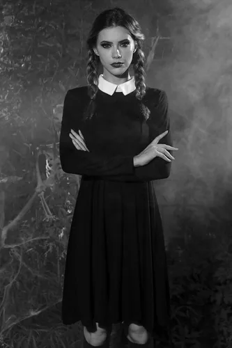 Vista 3 de For G and PL - Vestido de Halloween acampanado y con cuello de Peter Pan para mujer, Merlina Addams