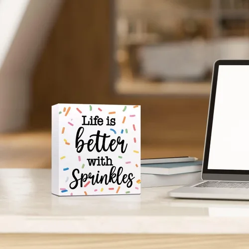 Vista 5 de Letrero de madera con texto en inglés "Life with Sprinkles", decoración de casa de muñecas, divertido letrero de madera para panadería, guardería