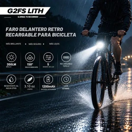 Vista 2 de Vintage Bicycle Light, 350Lumen High‑Brightness Retro BicycleHeadlight, Night Riding SafetyLight with Bracket Negro
