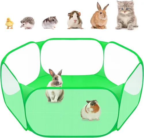 Vista 13 de Amakunft Corralito de animales pequeños 2 en 1 con almohadilla impermeable, patio de juegos portátil desplegable para conejillos de indias, conejos