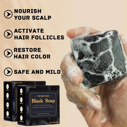 Vista 3 de 2 piezas de jabón negro sin brasas a base de hierbas para reversa gris, aceite de ricino Fo Ti para oscurecer y engrosar, barra de champú