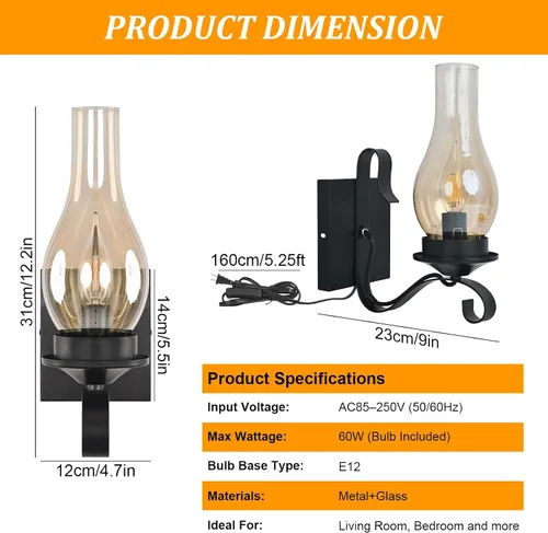 Vista 4 de Black Plug in Wall Sconce 1-Pack, UL Listed Rustic Farmhouse Lamp, E12 Base