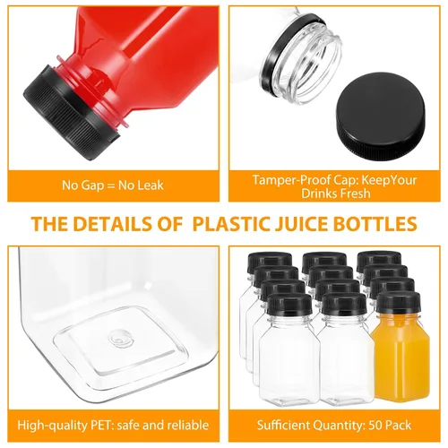 Vista 6 de Gerrii 75 botellas de plástico para jugo de 4 onzas con tapa, pequeñas botellas transparentes reutilizables con tapas, recipientes a granel, aptas