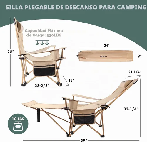 Vista 3 de VILLEY Silla de camping reclinable, silla plegable para exteriores