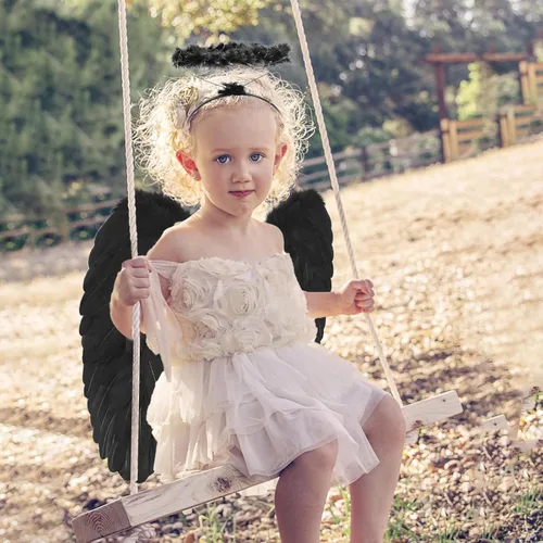Vista 3 de Alas de ángel y halo para adultos, disfraz de alas de ángel de plumas para mujeres, niños y niñas, cosplay de Halloween
