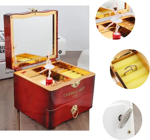 Vista 4 de Haokaini Caja de música retro, caja de almacenamiento de joyería giratoria de madera, bailarina, bailarina, niña, joyería musical, caja