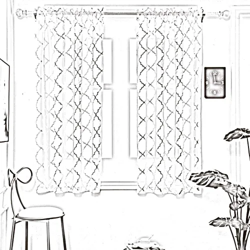 Vista 8 de YJ YANJUN Cortinas traslúcidas de 63 pulgadas de largo, cortinas de gasa metálicas doradas y blancas para dormitorio, diseño moderno marroquí