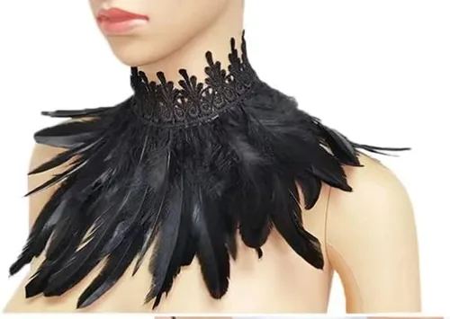 Vista 2 de Gargantilla de plumas Maléfica para mujeres, niños, adolescentes, reinas y más. Bonita gargantilla de plumas negras para Halloween, Drag, cosplay