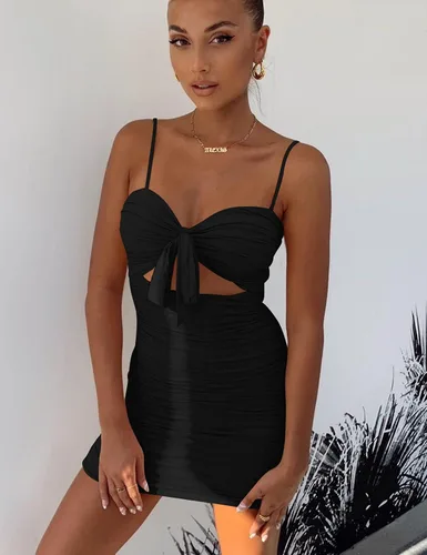 Vista 5 de BORIFLORS Vestido sexy de fiesta para mujer, con tirantes delgados, espalda descubierta, fruncido, con corte entallado