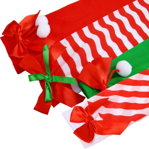 Vista 5 de SATINIOR 4 pares de calcetines altos de Navidad a rayas rojas y blancas con lazo sobre la rodilla, medias de bastones de caramelo, Bonito estilo.