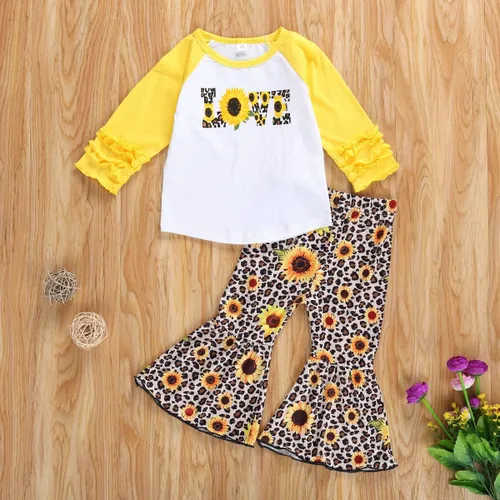 Vista 7 de 2 unids bebé niñas girasol otoño ropa fuera del hombro camiseta superior volante flare pantalones conjunto niños campana inferior trajes