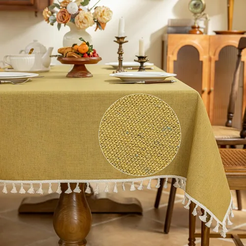 Vista 9 de AmHoo Mantel de mezcla de lino, mantel rectangular de 7.12 oz/m² con costuras y borlas para cocina, comedor, boda, bufé, 55 x 55 pulgadas