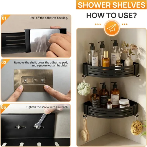 Vista 8 de Black Adhesive Corner Shower Caddy 2-Pack, Triangular Shelves No-drill black triangular shelves for smooth tile, glass and stainless steel shower