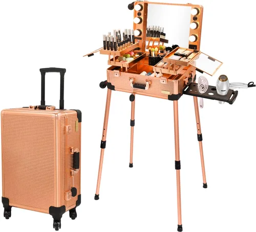 Vista 10 de Maletín de aluminio para maquillaje con luces LED, organizador profesional de cosméticos con altavoz, ruedas y soportes, estación de tocador