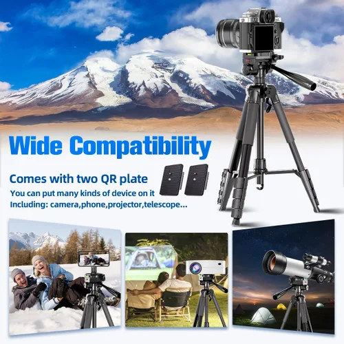 Vista 6 de Trípode para cámara, trípode de cámara DSLR de 74 pulgadas con 2 placas QR para Sony/Nikon/Canon, trípode de video ligero para viajes, trípode
