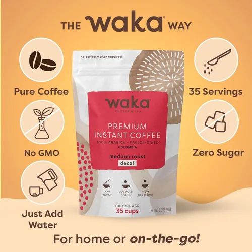 Vista 3 de Waka - Café instantáneo de calidad, tostado medio descafeinado, granos arábica y liofilizados. Bolsa de 35 porciones para café instantáneo caliente