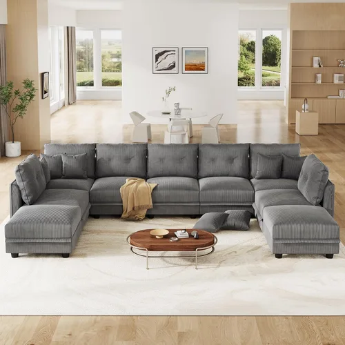 Vista 31 de LLappuil Sofá Seccional Modular con Asientos de Almacenamiento, Sofá Modular Convertible de Pana Chaise para Sala de Estar, Sofás de 5 Plazas con 3