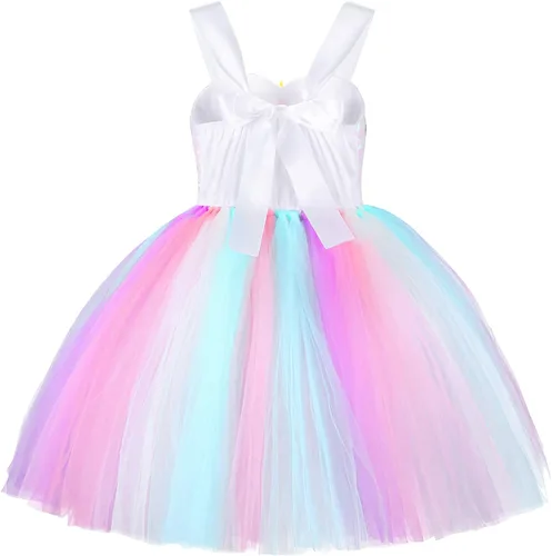 Vista 5 de GC Disfraz de unicornio para niñas vestido de tutú de arco iris con diadema atuendo de princesa para fiesta de cumpleaños Arcoiris Rainbow