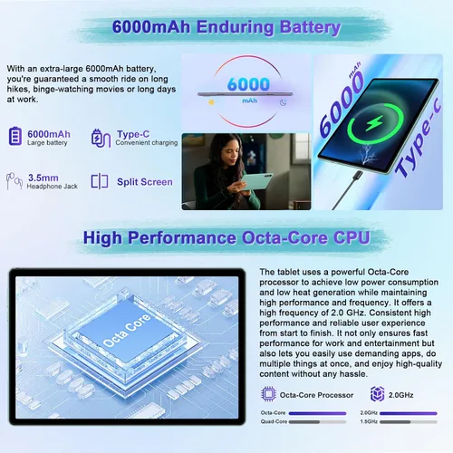 Vista 5 de Tablet Android 15 2026, tabletas de 10 pulgadas con Gemini AI, 30GB+64GB+1TB Expand, tabletas electrónicas 2 en 1 Octa-Core con teclado, mouse, WiFi