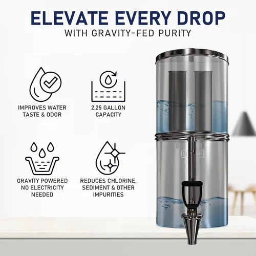 Vista 2 de USWF - Sistema de filtro de agua alimentado por gravedad, acero inoxidable de 2.25 galones, con 2 filtros de carbono, portátil con espiga de vidrio